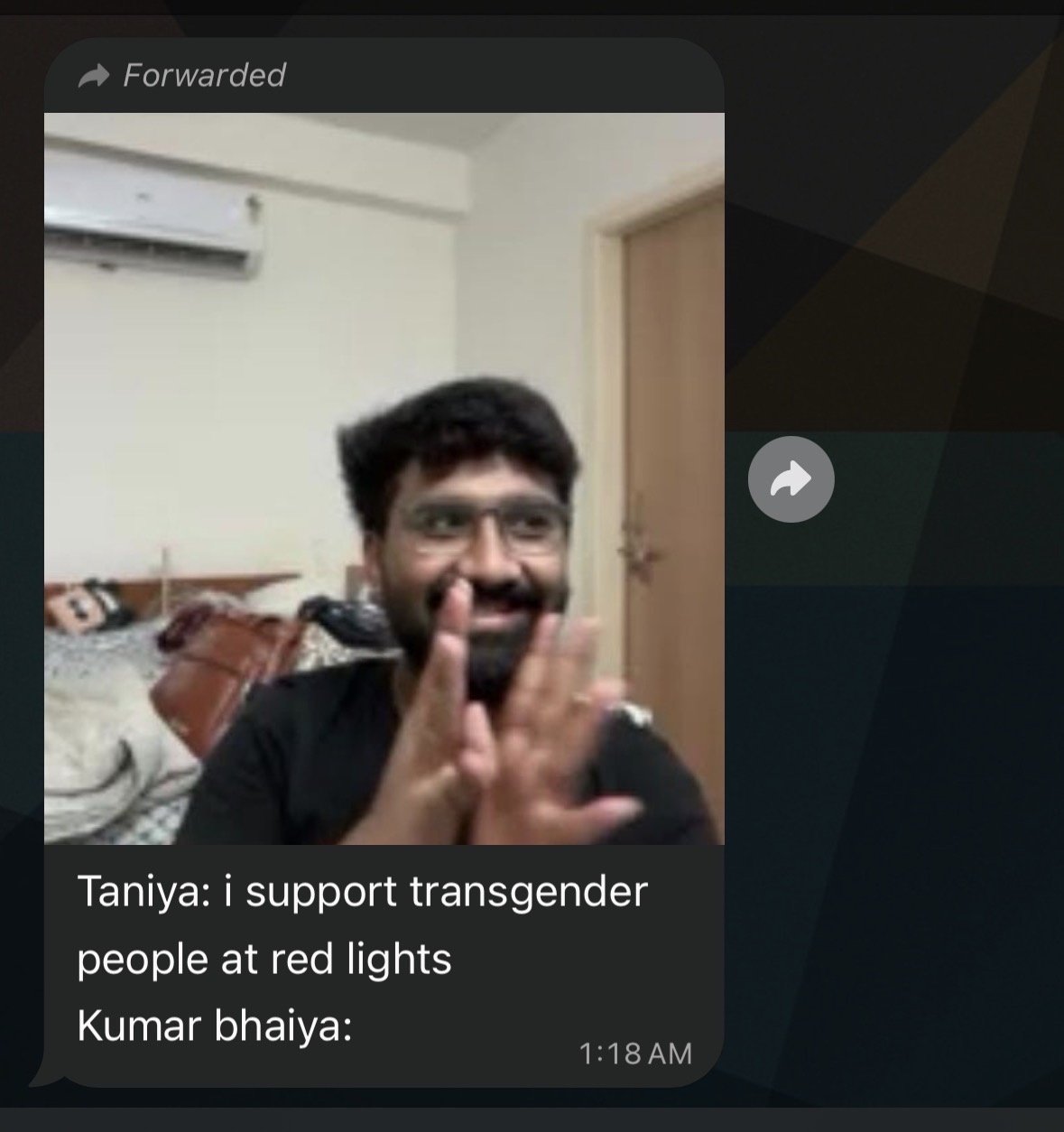 A forwarded group-chat meme featuring Kumar